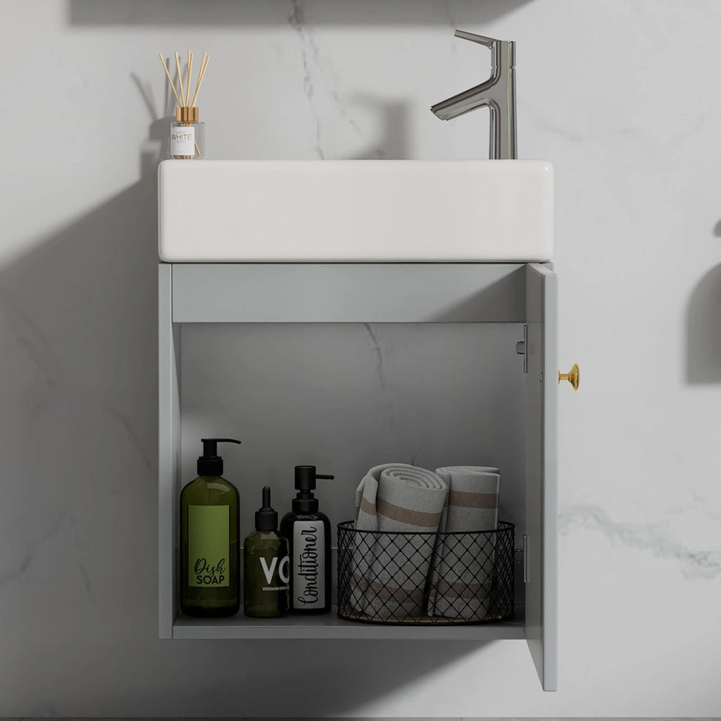 Mobile Bagno Sospeso con Lavabo 46 cm; Anta con Motivo 3D; MDF; Grigio e Bianco