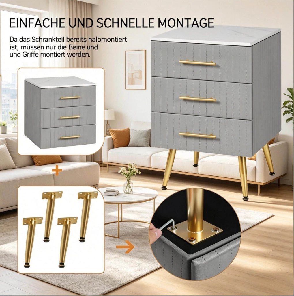 Comodino grigio con 3 cassetti in MDF, velluto e legno massello, 40,5x62x41 cm