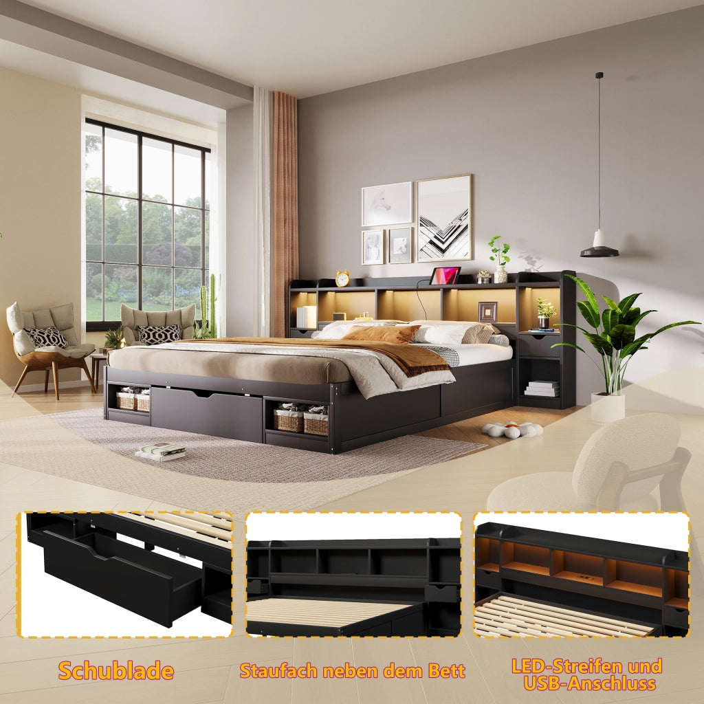 Letto con 3 cassetti e LED ¨C Minimal ¨C Nero 180x200cm