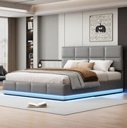 Letto 180x200 cm con contenitore idraulico, LED e rivestimento in similpelle grigio cemento