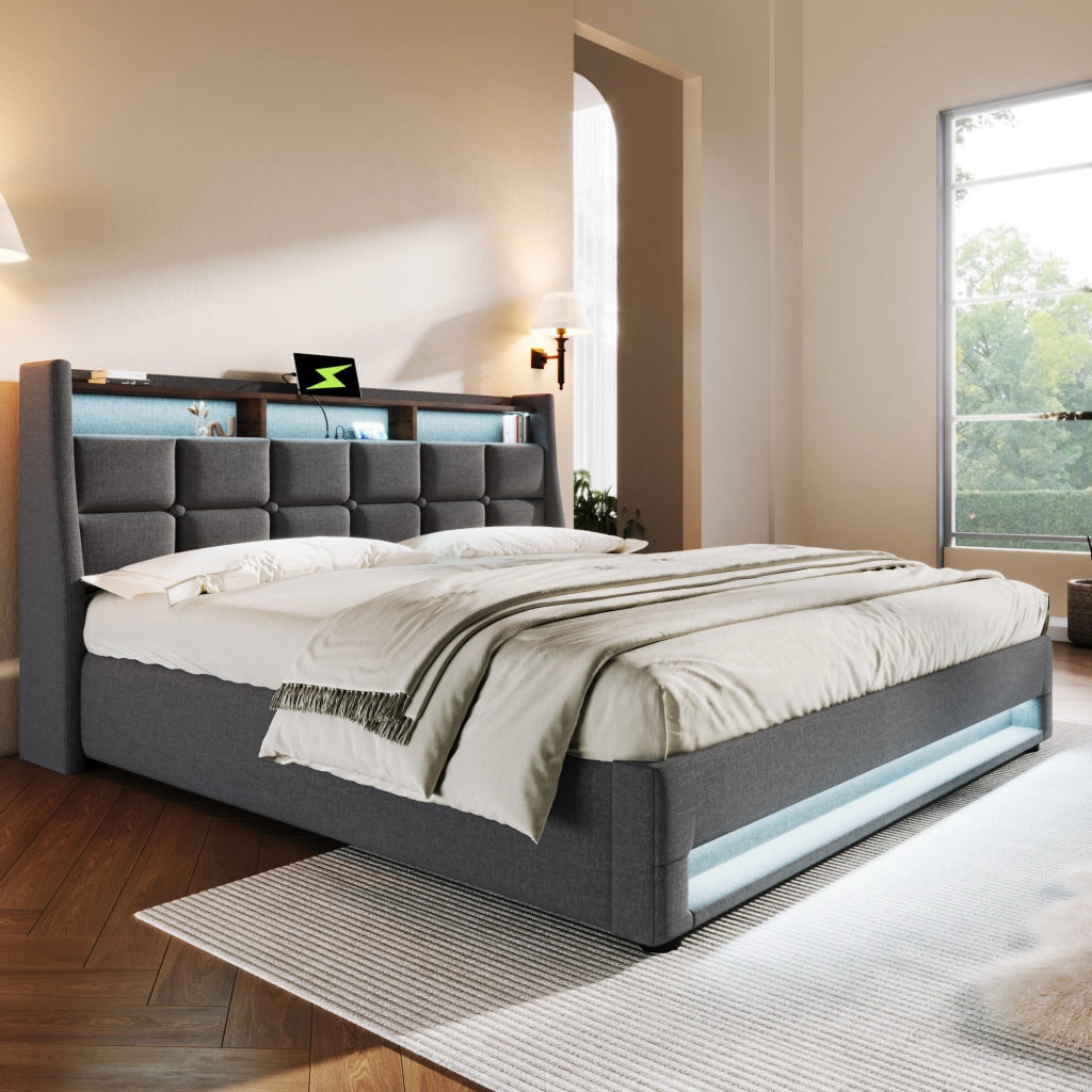 Letto matrimoniale 160x200 con Contenitore; Luci LED e Prese USB; Letto imbottito in lino; Grigio e Beige Chiaro