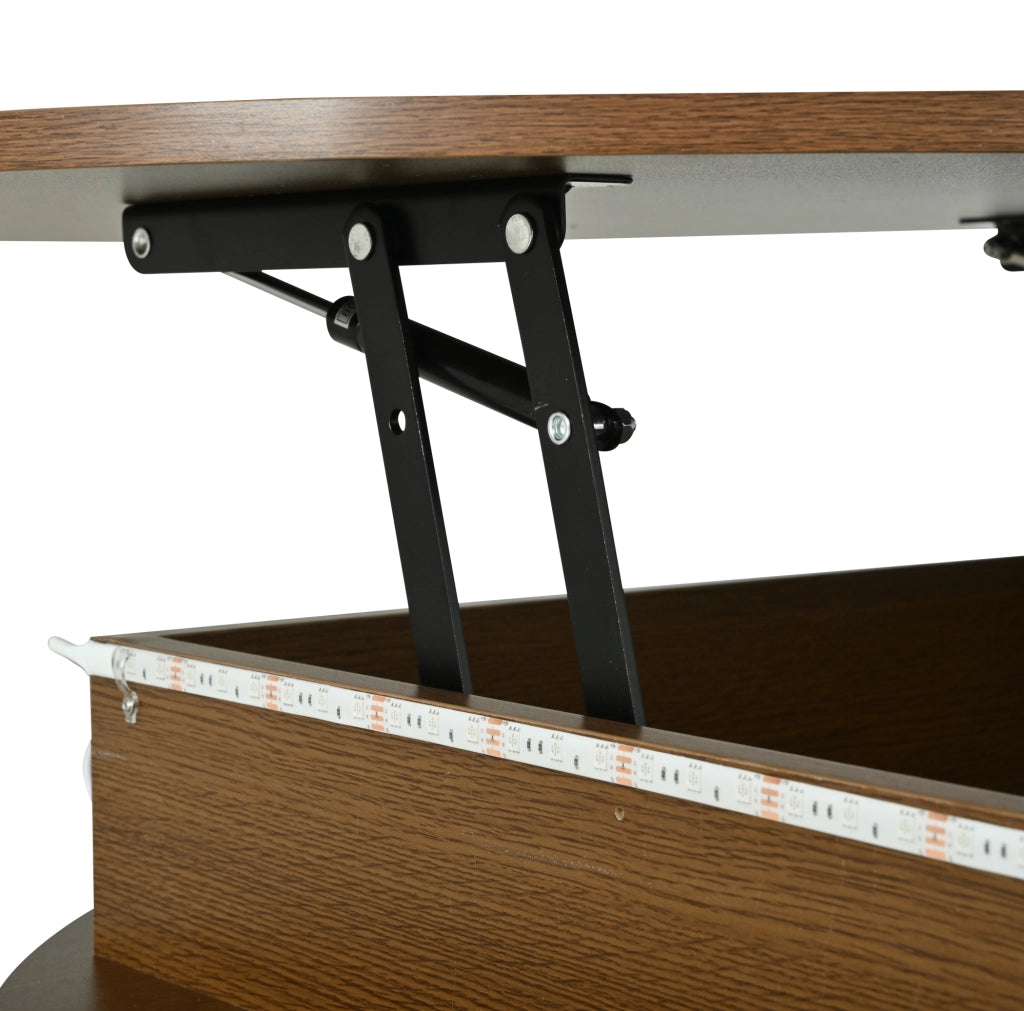 Tavolino rotondo regolabile 75x75x52 cm con LED, vani e porte avvolgibili in MDF noce