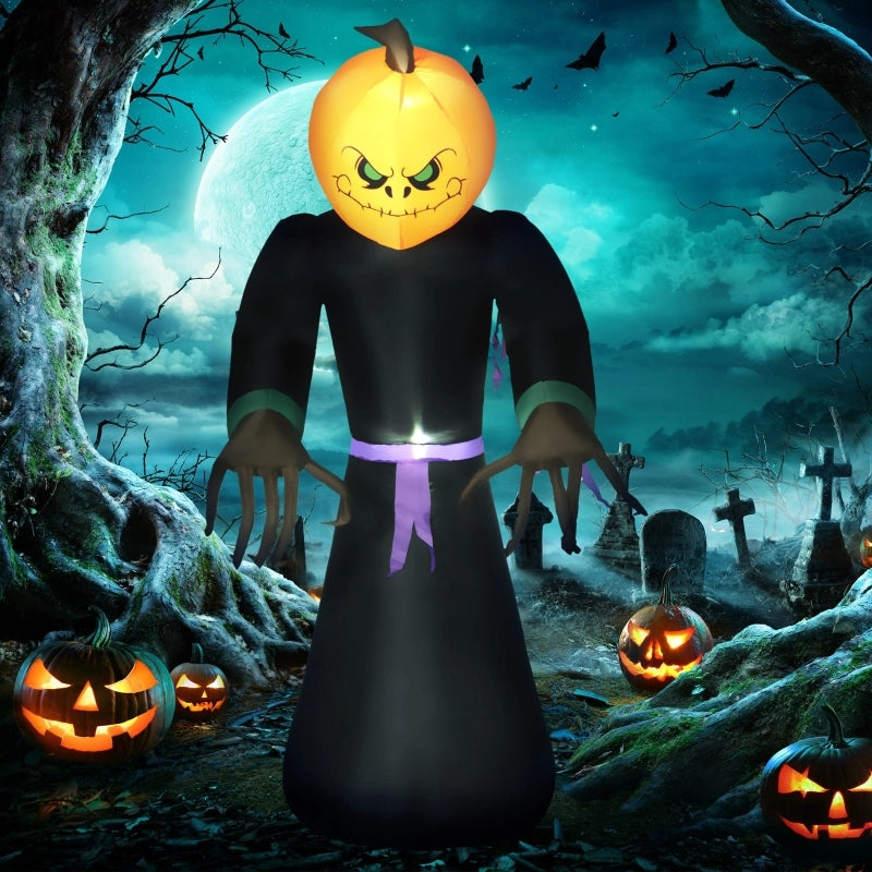 Fantasma gonfiabile con zucca 210 cm in poliestere nero e arancione con LED per Halloween interno ed esterno