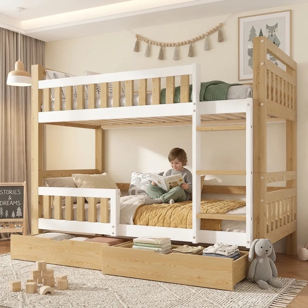 Letto a castello in legno 90x200 cm, bianco/naturale, divisibile in 2 letti singoli, con scala, protezione anticaduta rialzata e 2 cassetti
