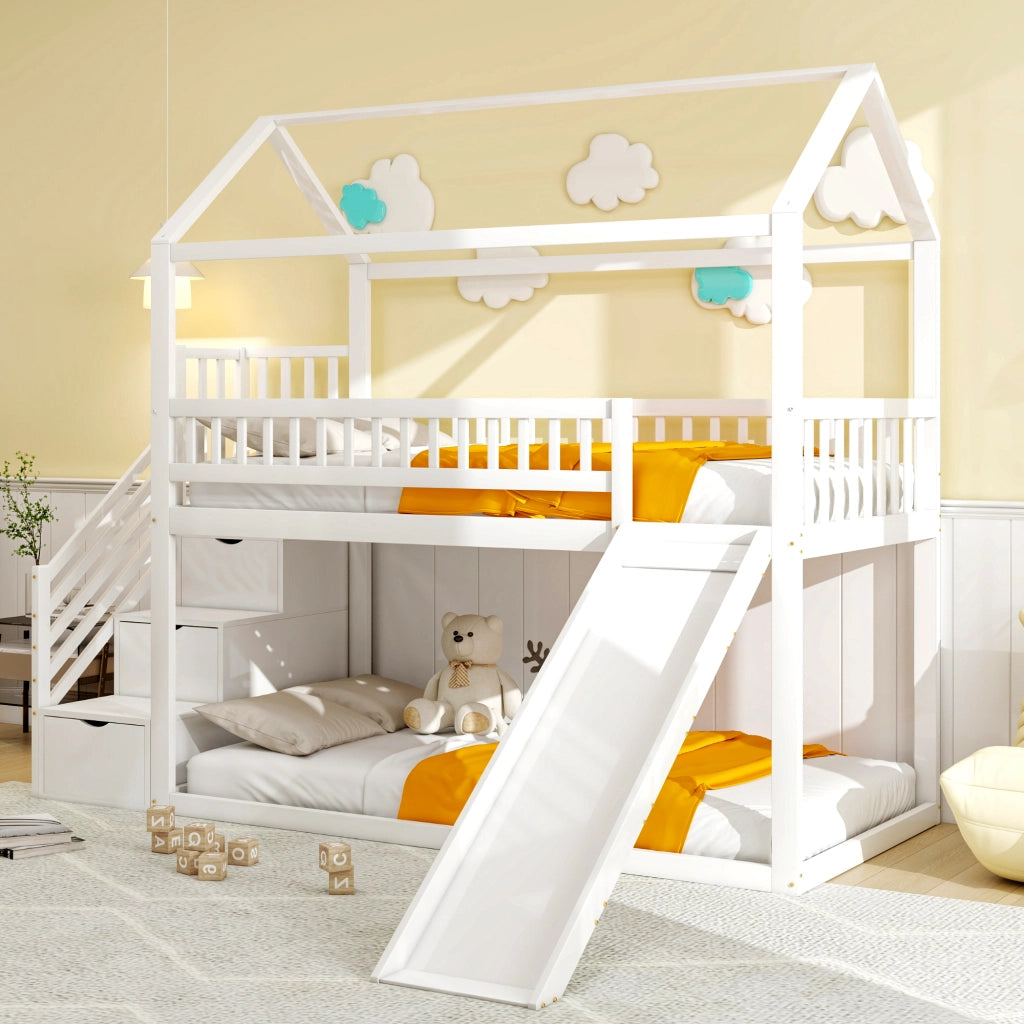 Letto a soppalco 90 × 200 cm con scivolo e scala contenitore in legno bianco; rete a doghe e sponde alte