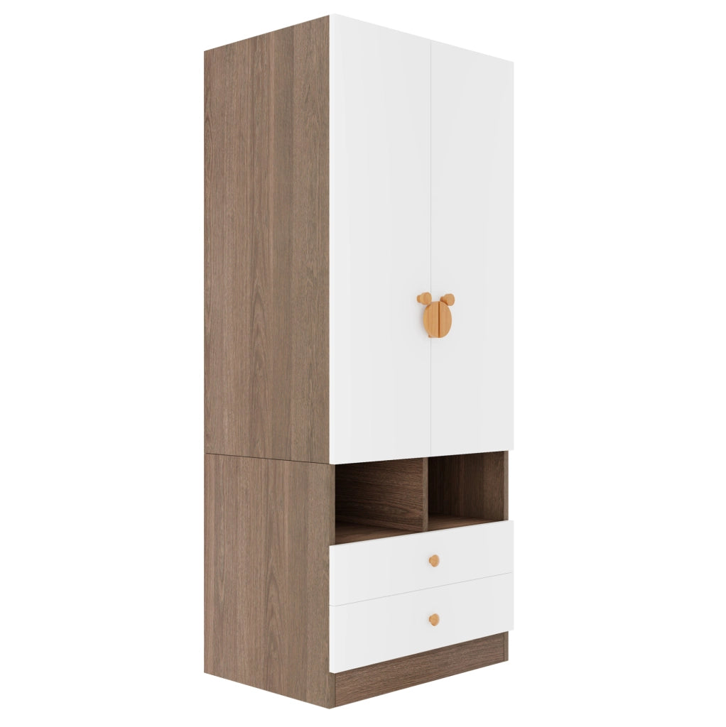 Armadio Singolo 70x50x170 cm con 2 Cassetti, Maniglie Cartoon e Piccole Mensole, Colore Legno