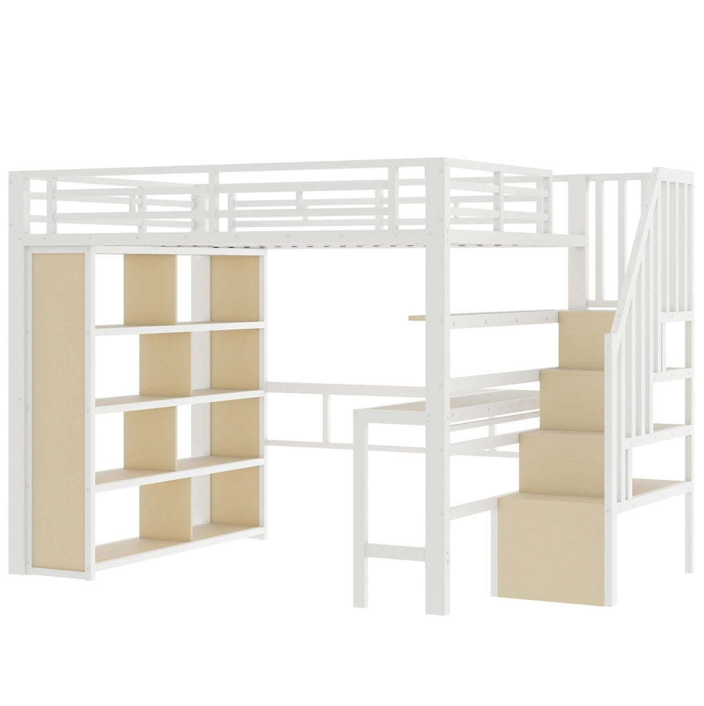 Letto a soppalco 140x200 cm con struttura in ferro, scrivania, mensole, LED integrato e scale con vano portaoggetti, bianco