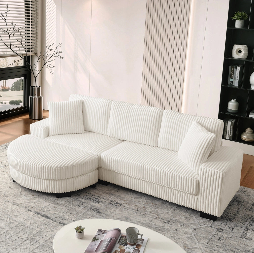 Divano angolare a L 4 posti in velluto a costine beige con pouf ovale modulare e 2 cuscini