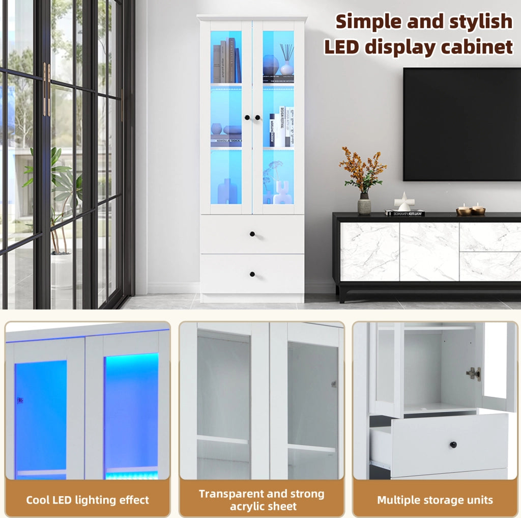 Vetrina Moderna Bianca Opaca 165 cm con LED Multicolore, Porta USB, 2 Cassetti e Ripiani Regolabili in MDF e Vetro Temperato