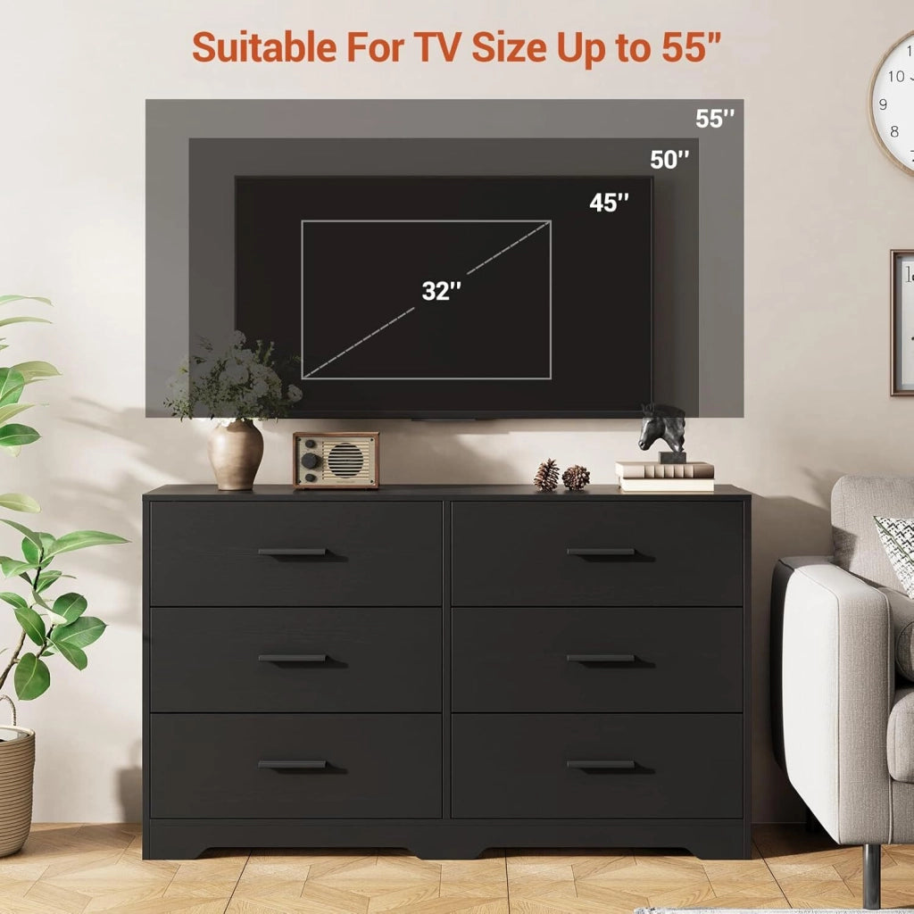 Cassettiera 6 Cassetti Nero Madia Larga e Mobile Porta TV Design Moderno per Camera e Salotto