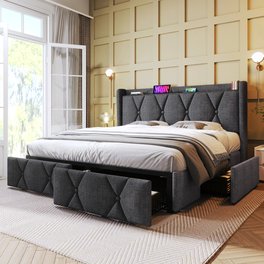 Letto contenitore grigio 160x200 cm con prese USB