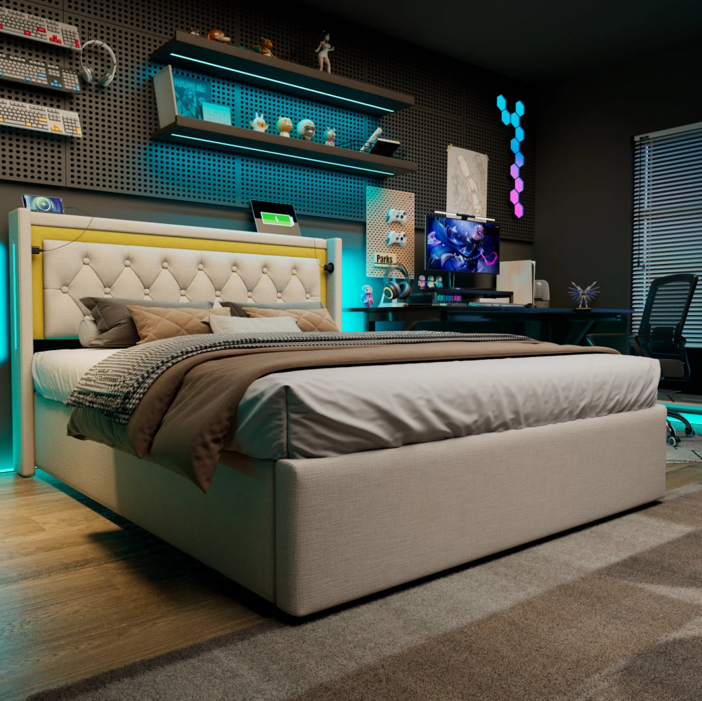 Letto matrimoniale 140x200 cm con contenitore; LED; USB e USB-C in cotone beige