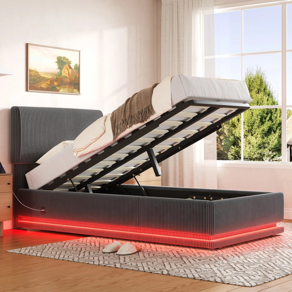Letto singolo imbottito 90 × 200 cm con LED USB C testiera regolabile in velluto a coste grigio scuro
