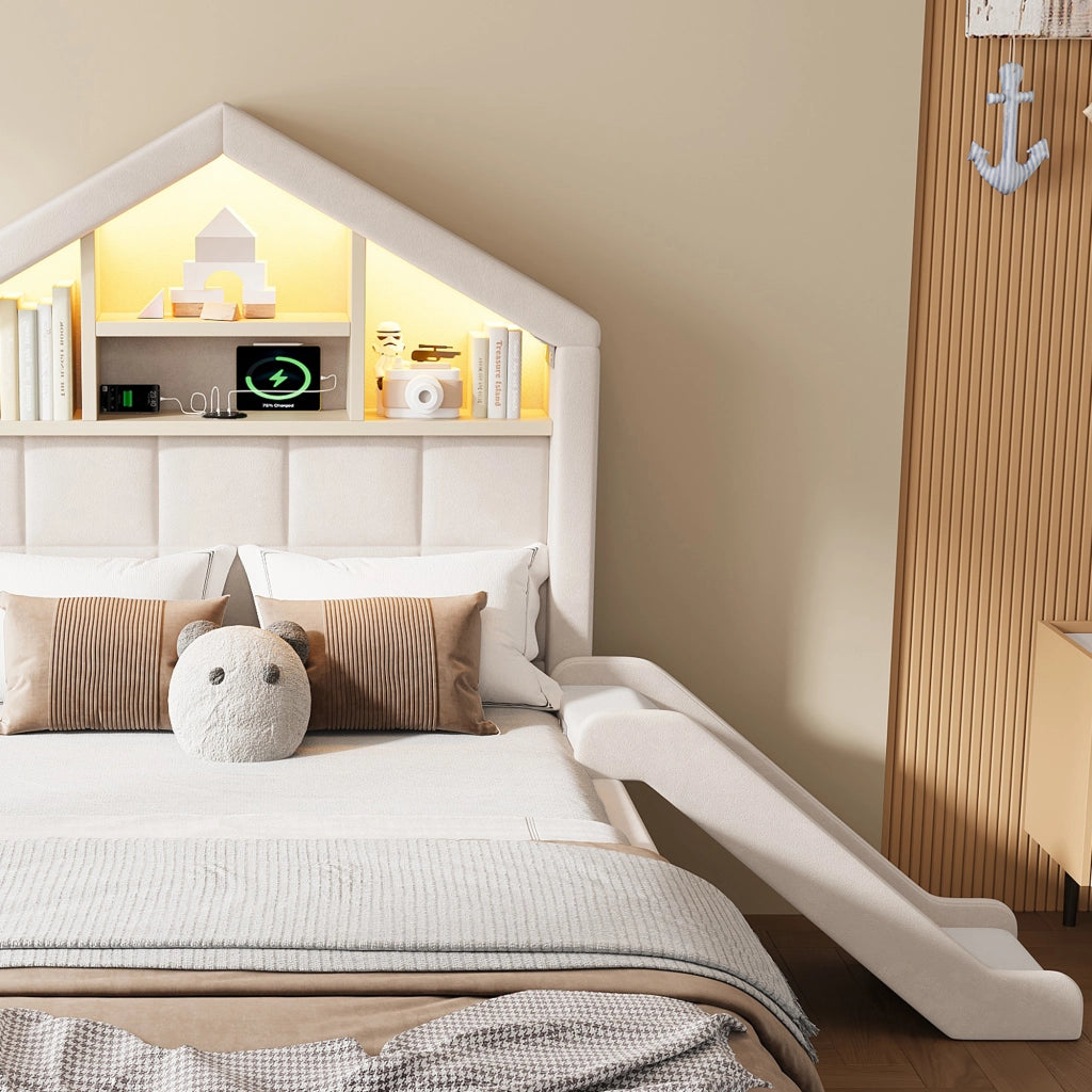 Letto per bambini imbottito 90 × 200 cm con scivolo montabile LED porta di ricarica e vano contenitore beige