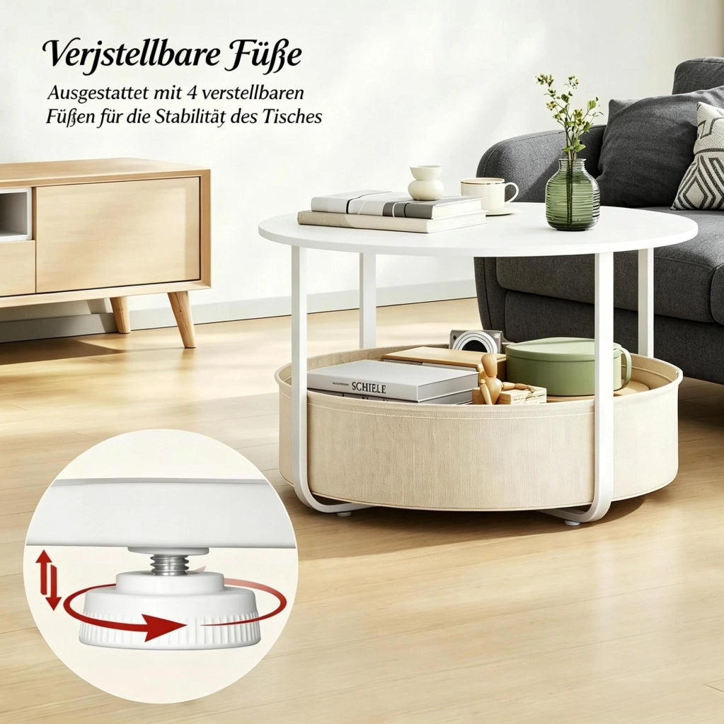 Tavolino rotondo da salotto con struttura in metallo e piano in truciolato melaminico Ø 80 cm, colore nero, con cestino in tela