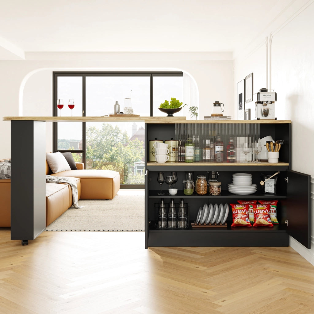 Mobile bar girevole a 360 gradi con porta scorrevole in vetro ripiani cassetti e vani chiusi in MDF nero