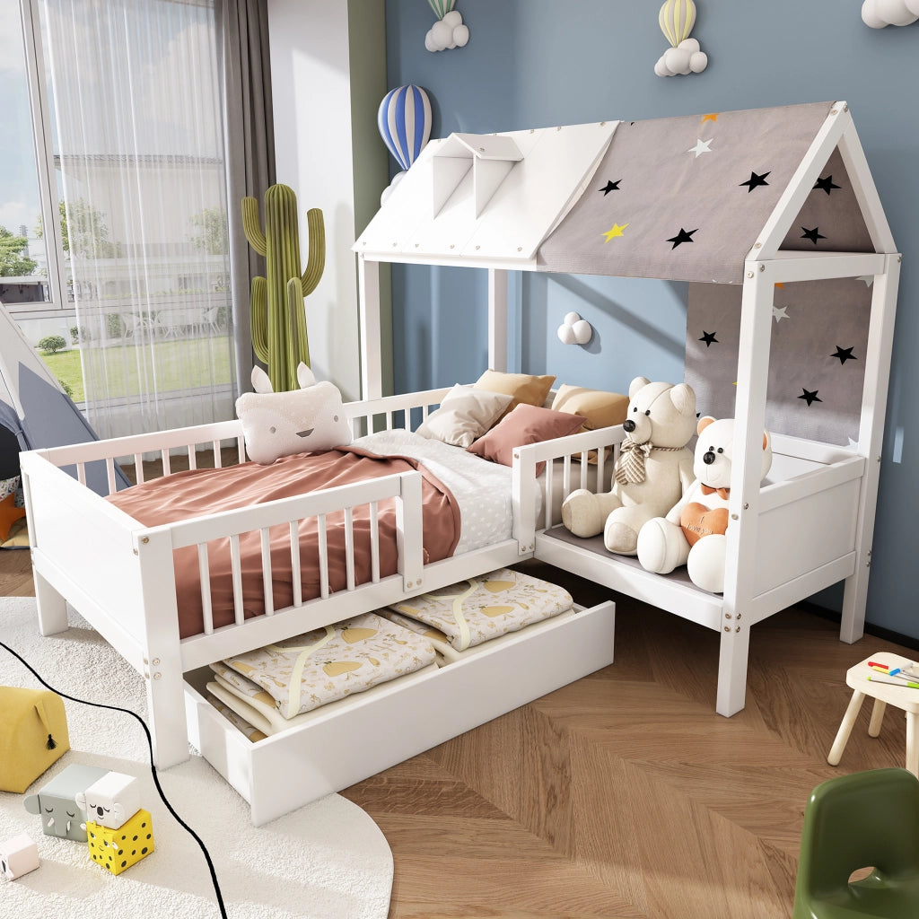 Letto singolo a casetta per bambini 90x200 cm con cassetti; legno massello e MDF bianco