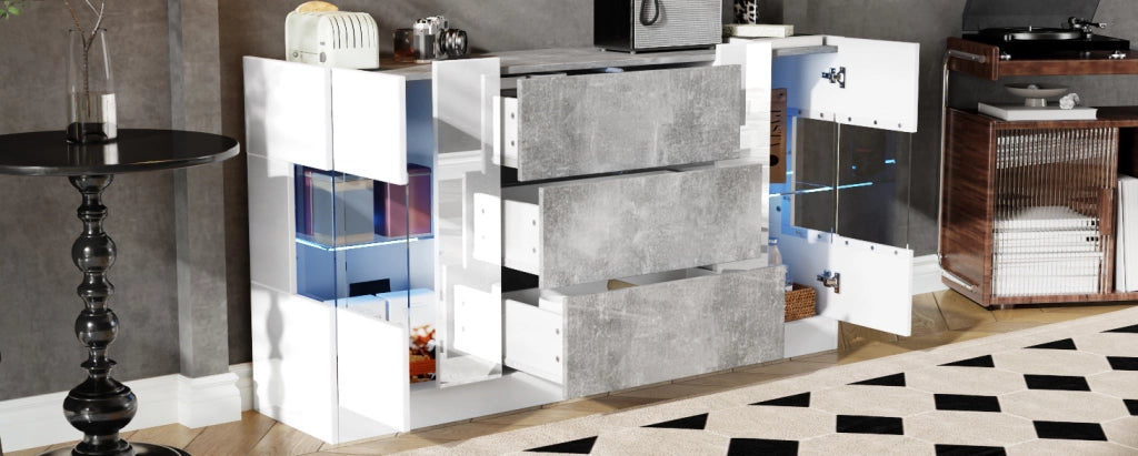 Sideboard elegante con 2 ante, 3 cassetti, finiture bianche lucide e effetto marmo grigio, LED a 16 colori, 140x35x75 cm