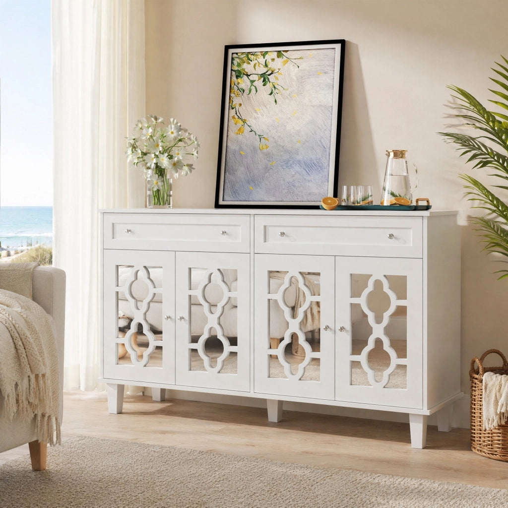 Credenza da 140 cm con 4 ante a specchio e 2 cassetti in MDF bianco
