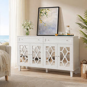 Credenza da 140 cm con 4 ante a specchio e 2 cassetti in MDF bianco