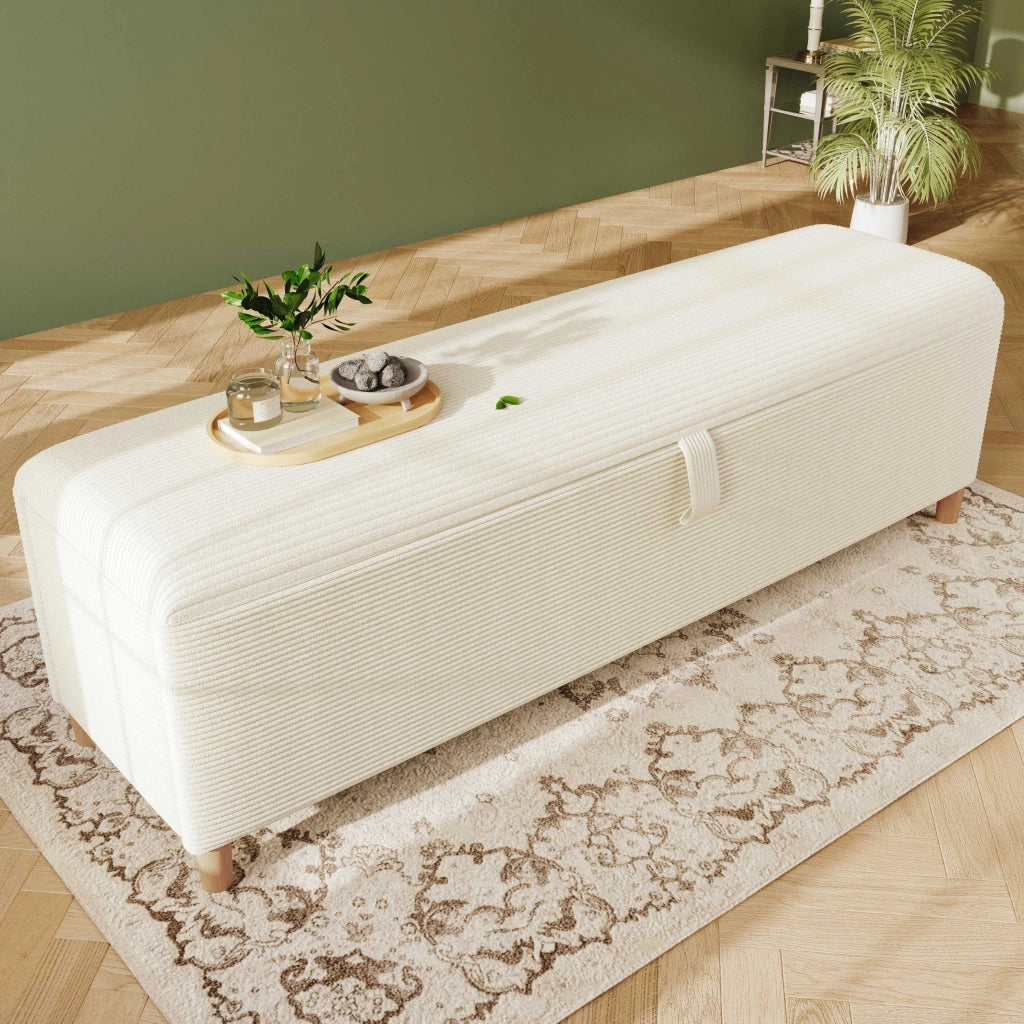 Panca contenitore 175x38x46 cm con apertura idraulica; velluto a coste beige