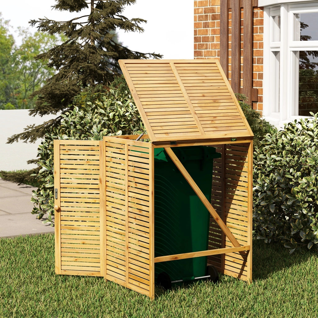 Casetta in legno per bidone della spazzatura da 120L, Riparo esterno per contenitore rifiuti con coperchio apribile Naturale 3 Pezzi