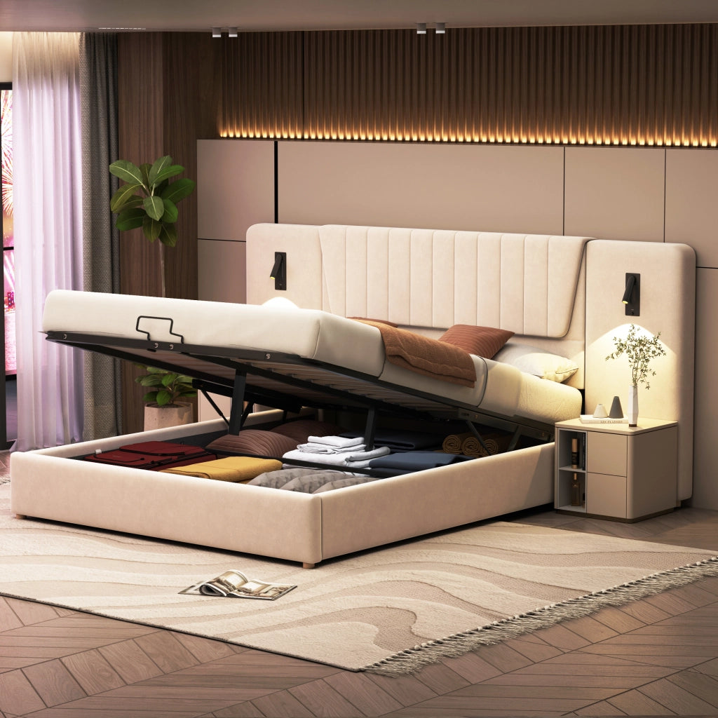 DESMIU Letto Matrimoniale 180 × 200 cm con contenitore idraulico, lampade da lettura, USB, senza materasso, in velluto, beige