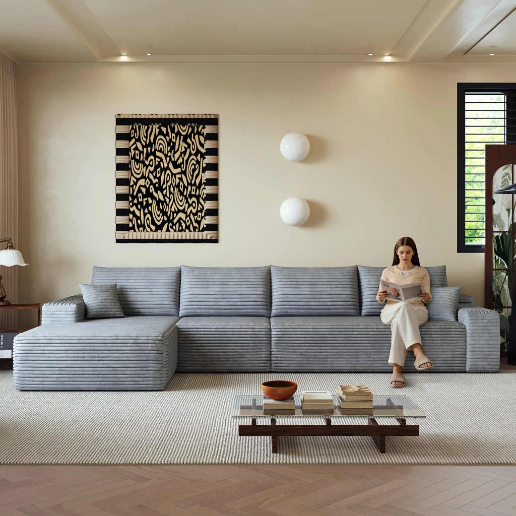 Divano angolare modulare 340 cm con chaise longue a L; 4 posti; velluto a coste; grigio
