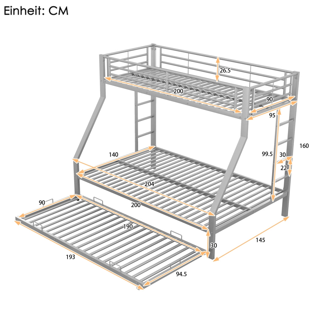 Letto a castello 90 × 200 e 140 × 200 cm con letto estraibile 90 × 190 cm scale su due lati in metallo con sponde