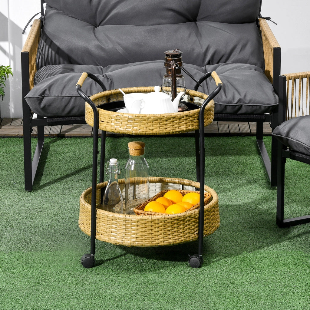 Carrello portavivande rotondo a 2 ripiani in polyrattan giallo con 4 ruote e 2 freni per terrazza Ø 50 × 66 cm