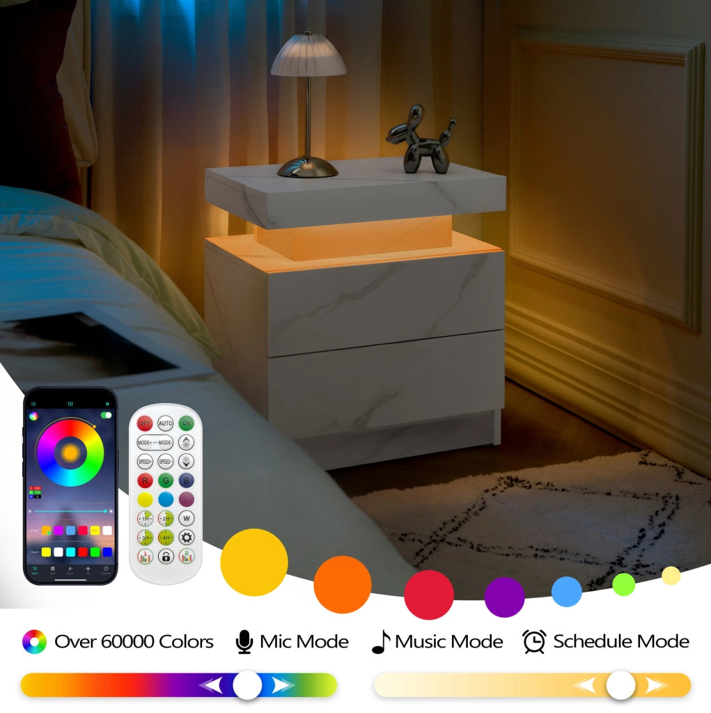 Comodino moderno con LED multicolore; 2 cassetti e vano a giorno in legno ingegnerizzato bianco opaco
