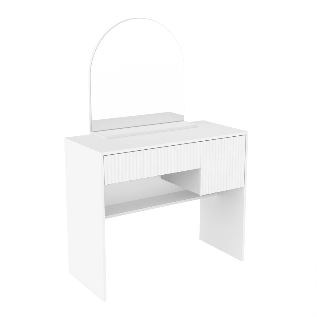 Tavolo da trucco 90x40x135 cm con specchio arcuato e 2 cassetti in MDF bianco