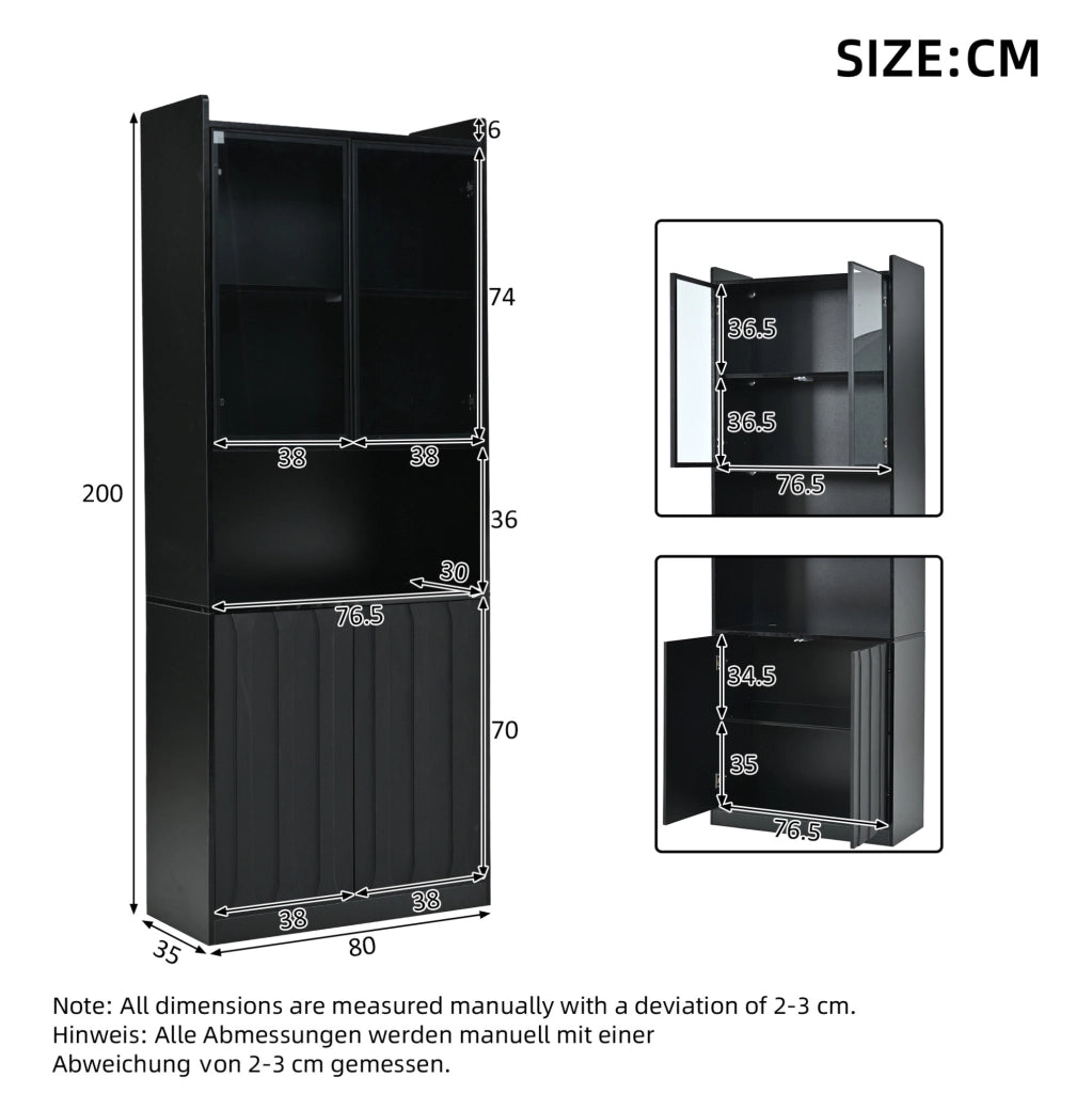Vetrina alta 80x35x200 cm in truciolato e vetro temperato nero con LED -