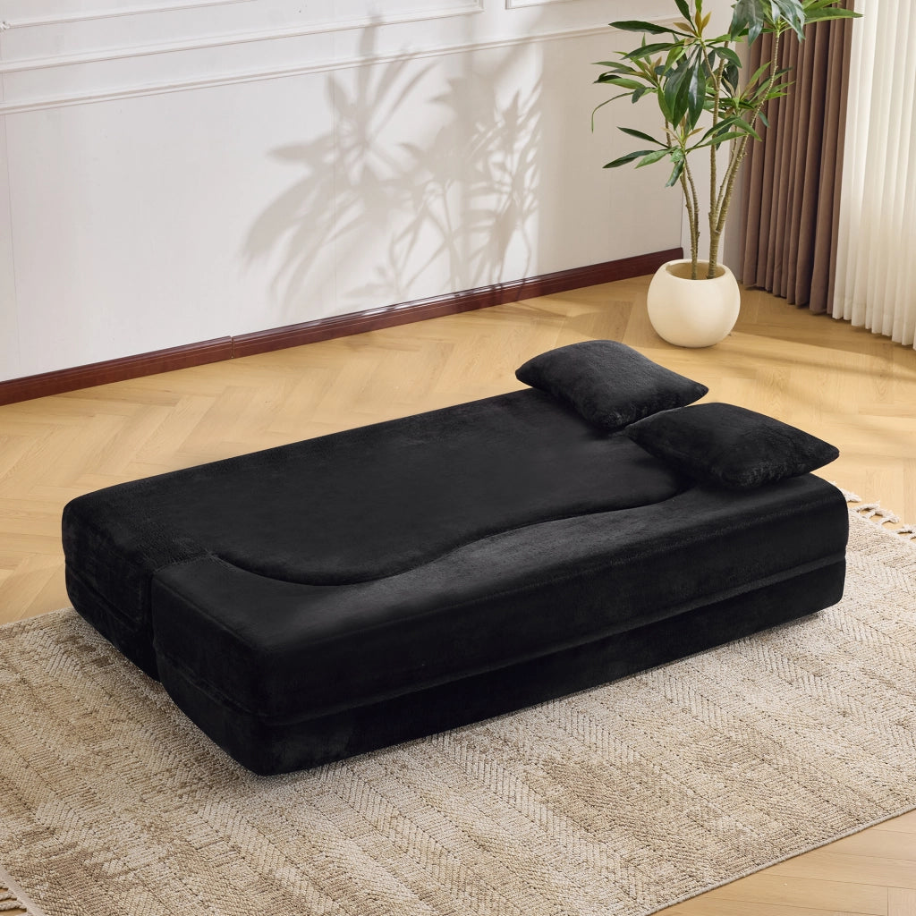 Divano letto pieghevole 2 in 1 in schiuma ad alta densità nero con 2 cuscini e rivestimento in peluche corto