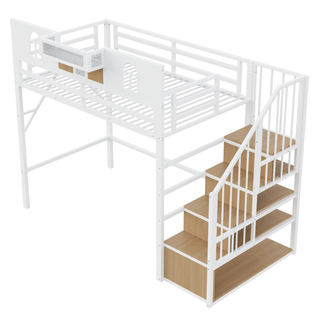 Letto a soppalco ULEVR 90x200 cm in metallo bianco con scala contenitore, ripiano laterale e striscia luminosa