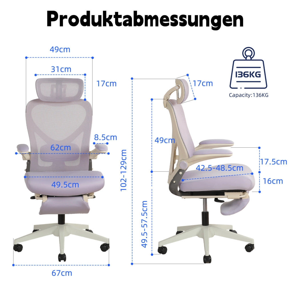 SEDIA DA UFFICIO Ergonomica Viola con Schienale Pieghevole e Poggiatesta 3D