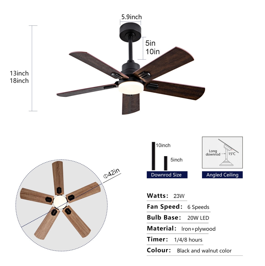 Ventilatore da soffitto nero da 42 pollici con luce dimmerabile e telecomando per interni ed esterni