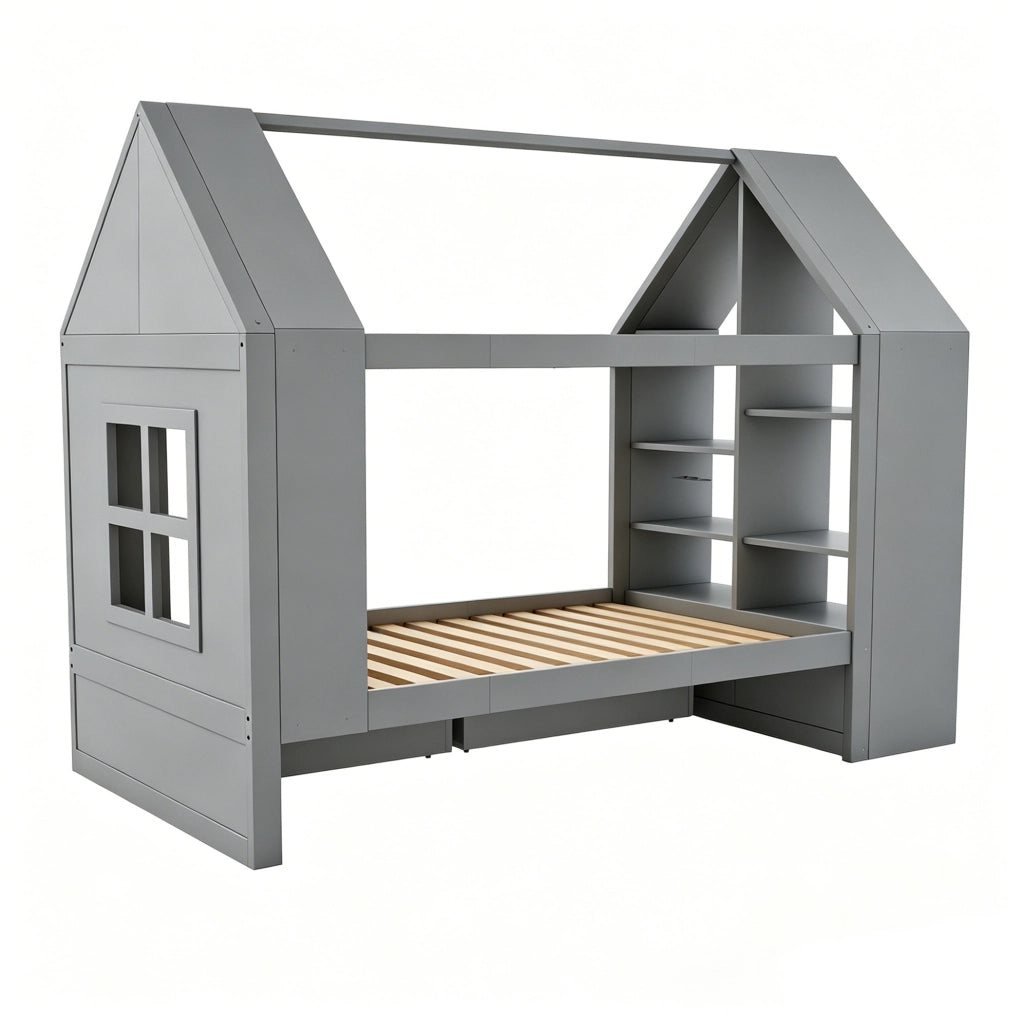 Letto a casetta ULEVR 90x200 cm con LED, 2 cassetti e vani contenitore, grigio