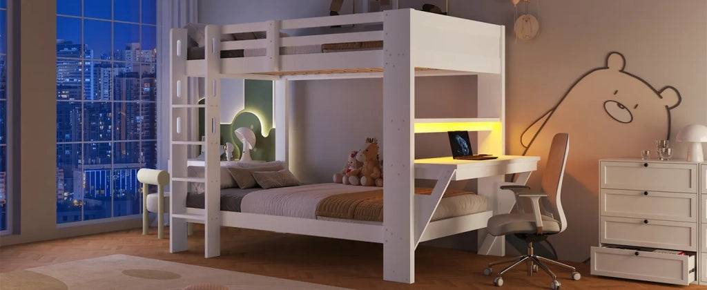 Letto a castello in legno di pino bianco, 90x200 cm, con scrivania, presa elettrica e striscia LED. Senza materasso.