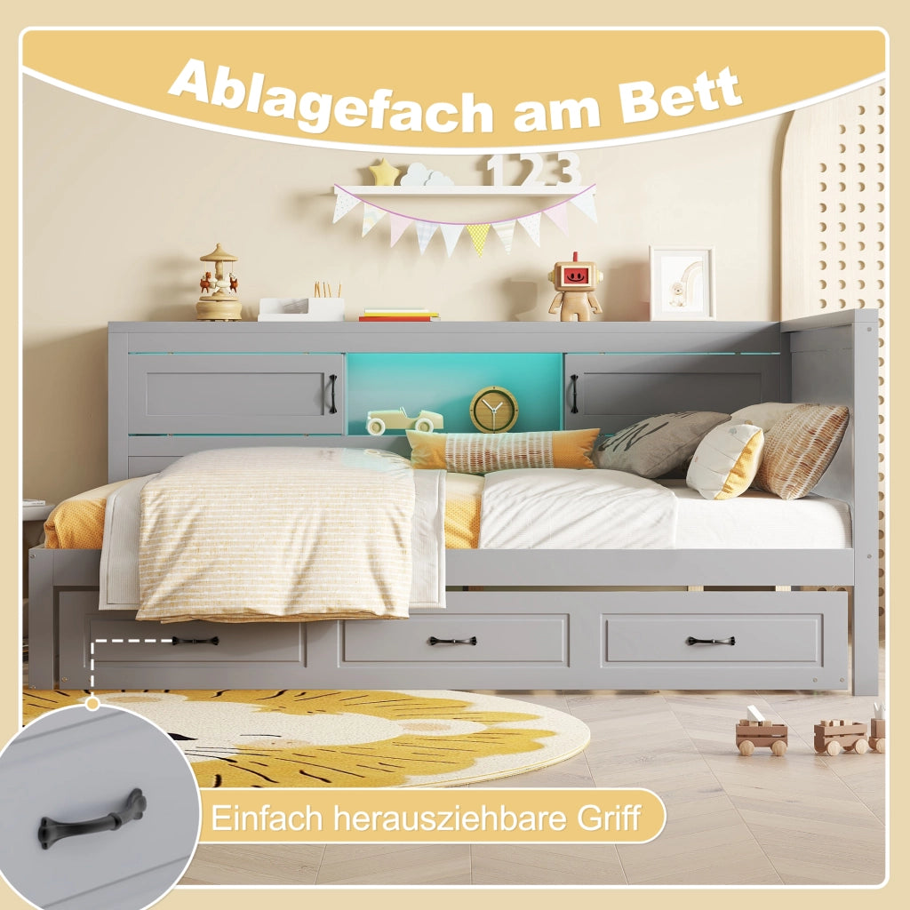 Letto a Divanetto 90x200 cm; Letto Singolo - Contenitore; LED; USB; e Presa - Grigio