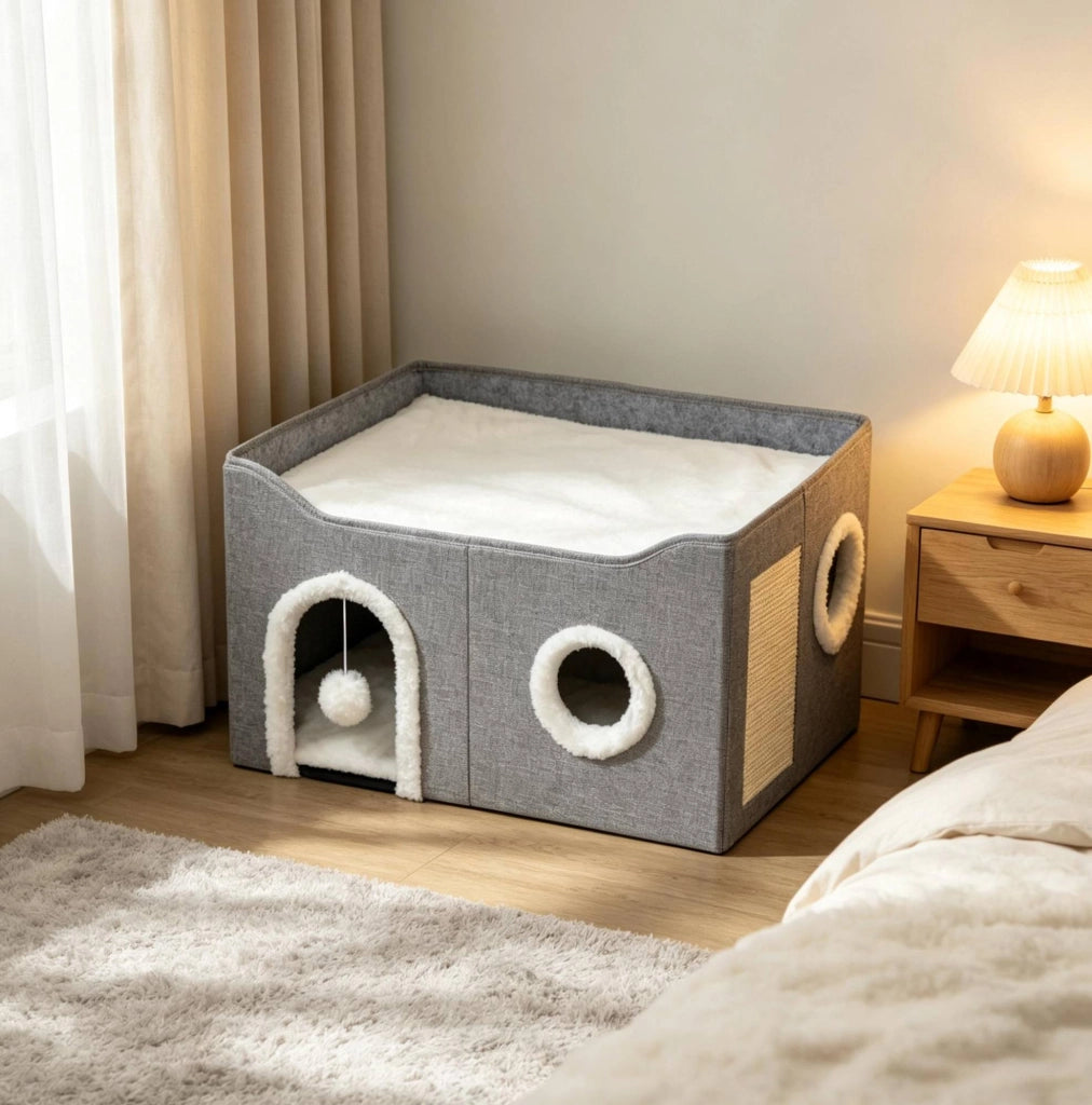 Casetta pieghevole per gatti 60x40x34 cm in MDF e sisal, grigia, con tiragraffi compatta