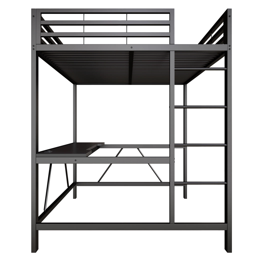 Letto a soppalco gaming in metallo con LED, USB e scrivania, 140x200 cm, nero