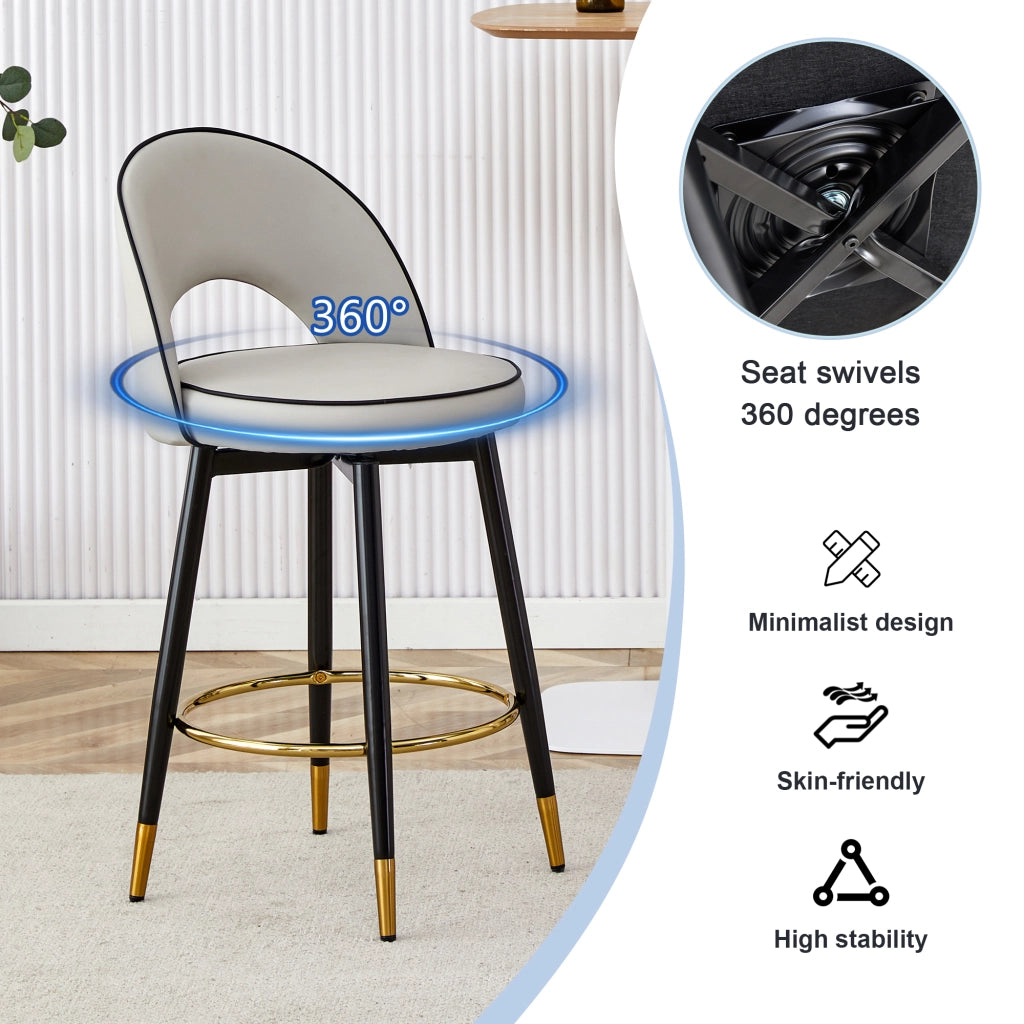 Sgabello da bar girevole a 360° in PU grigio e bianco con dettagli dorati e struttura in metallo set da 2