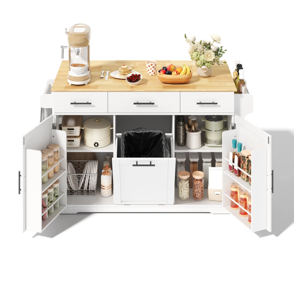 Isola cucina mobile 136x50(75)x92 cm con piano ribaltabile; prese USB e vano rifiuti HOMVRA
