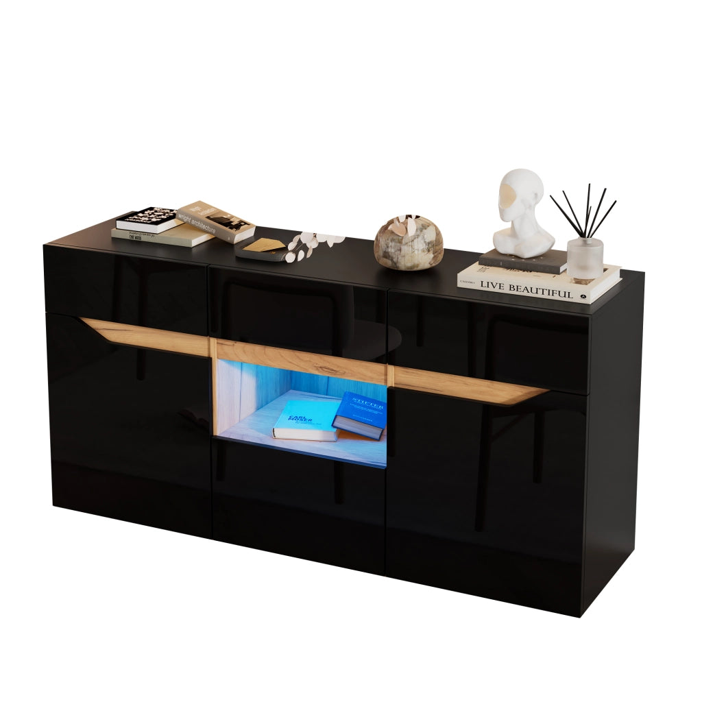 Credenza Soggiorno con LED ¨C Xylo ¨C 4 Cassetti, Legno e Nero Lucido, 140x40x70 cm