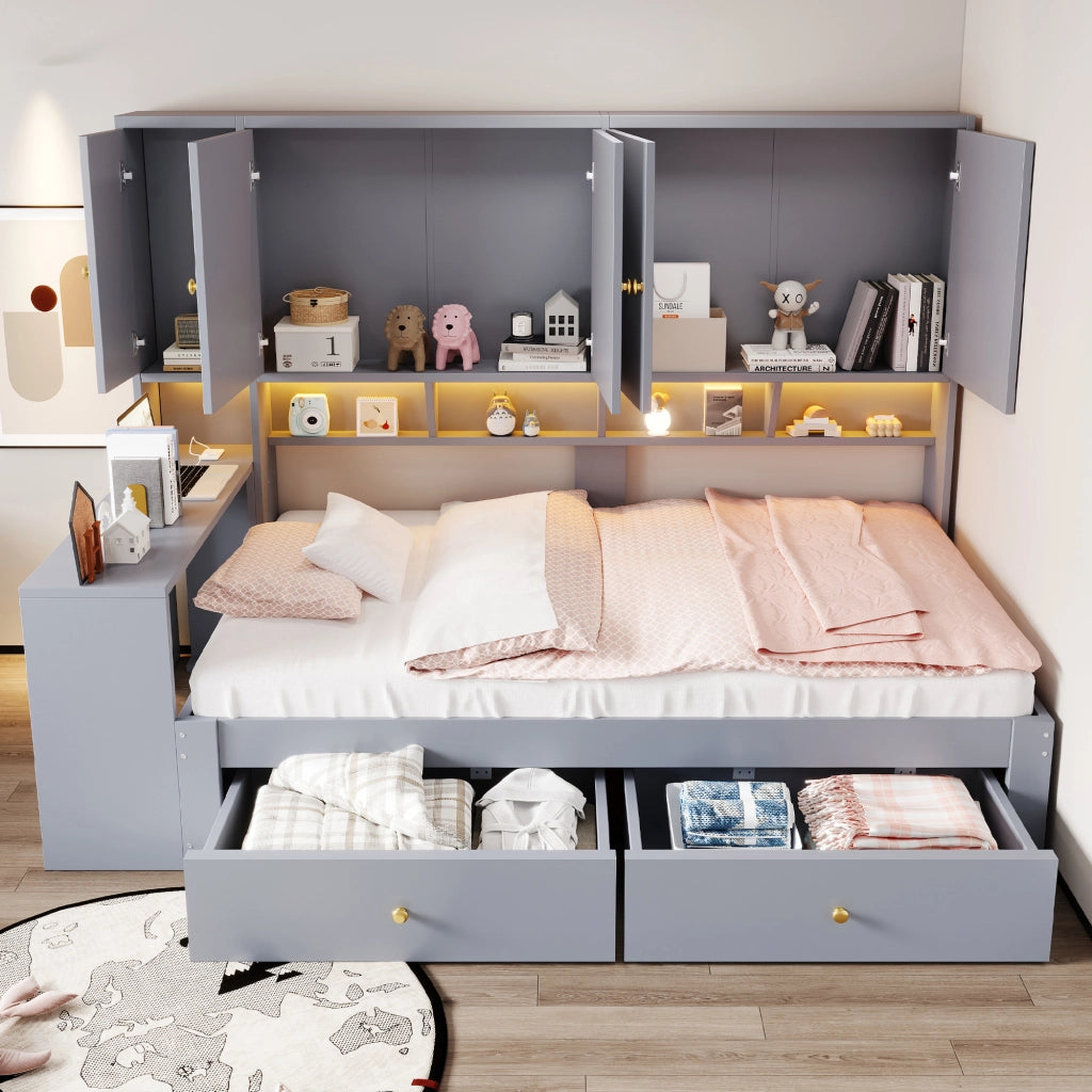 Letto con cassetti 90 × 200 cm con scrivania integrata armadi ripiani LED prese elettriche in MDF grigio