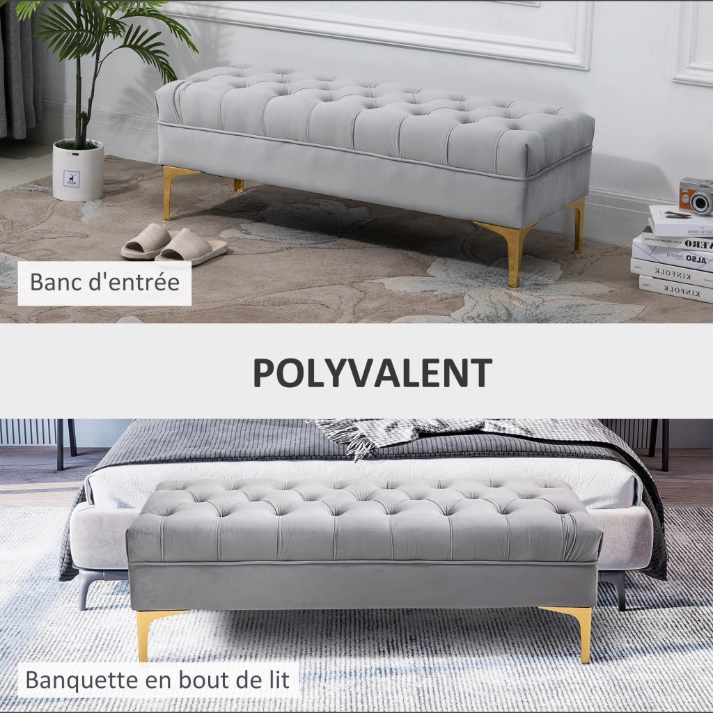 Panca imbottita capitonn¨¦ velluto grigio chiaro ¨C Xylo ¨C 118x45x42 cm piedi metallo dorato