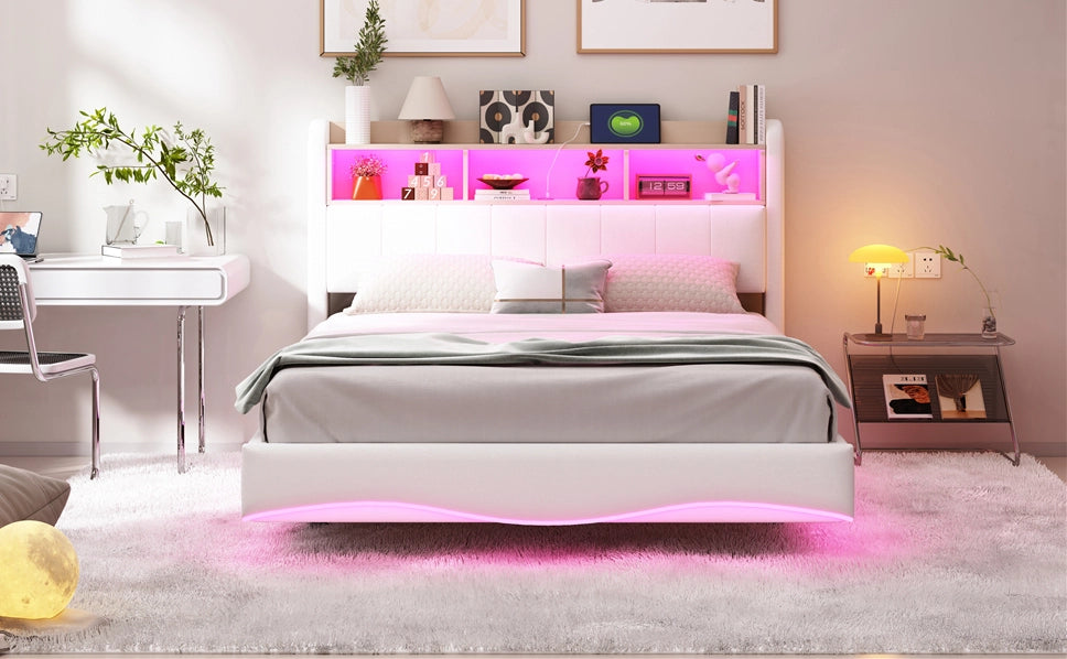 Letto imbottito sospeso 140x200 cm in tessuto di lino beige con luci LED, porte USB e Type-C, contenitore integrato