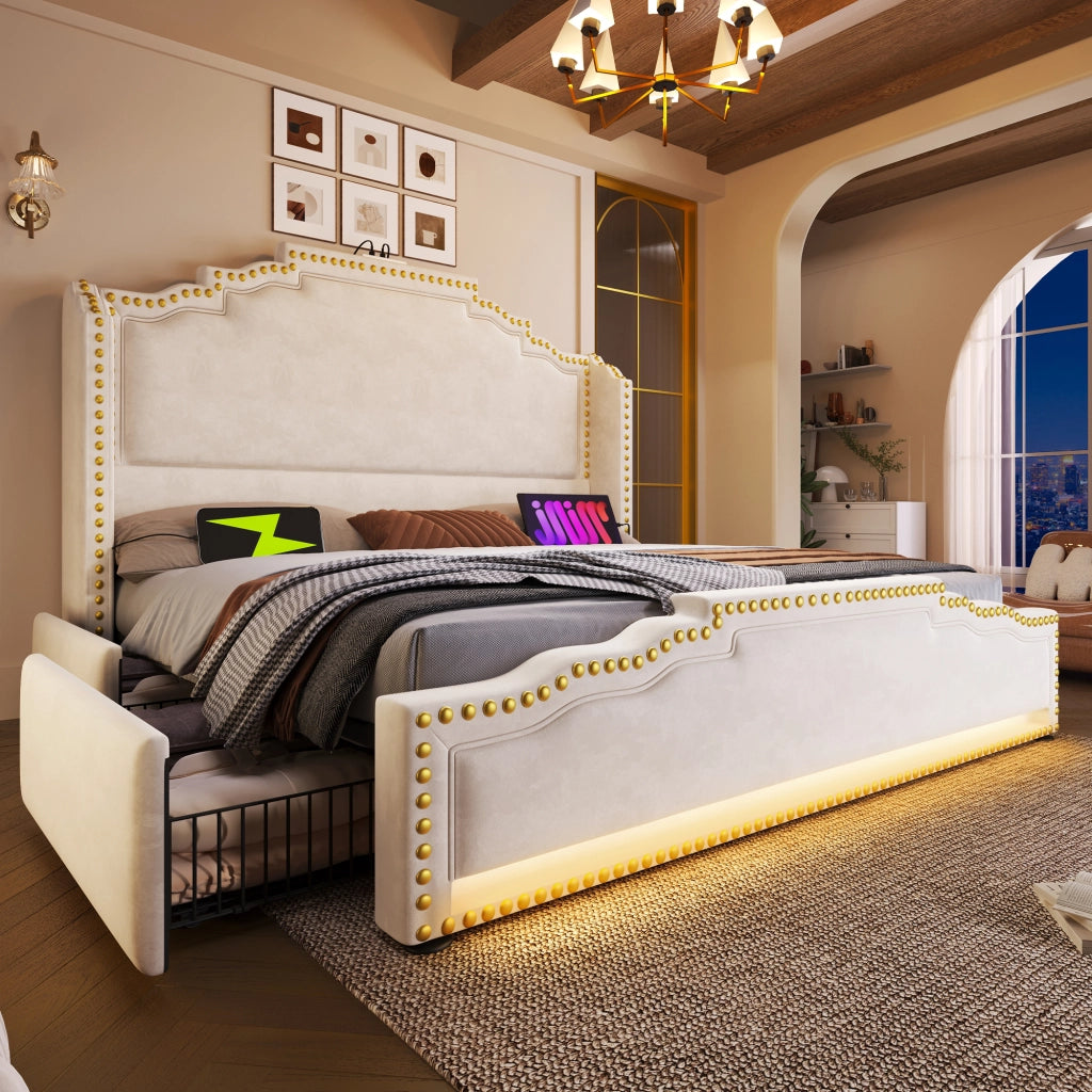 Letto matrimoniale 160 × 200 cm con quattro cassetti LED USB e USB-C in velluto beige con rete a doghe
