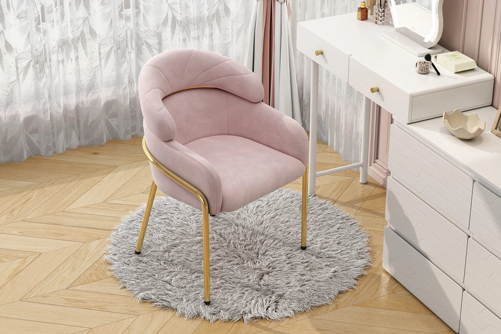 Sedia da pranzo singola in velluto rosa con quattro gambe in metallo per soggiorno; camera da letto e relax